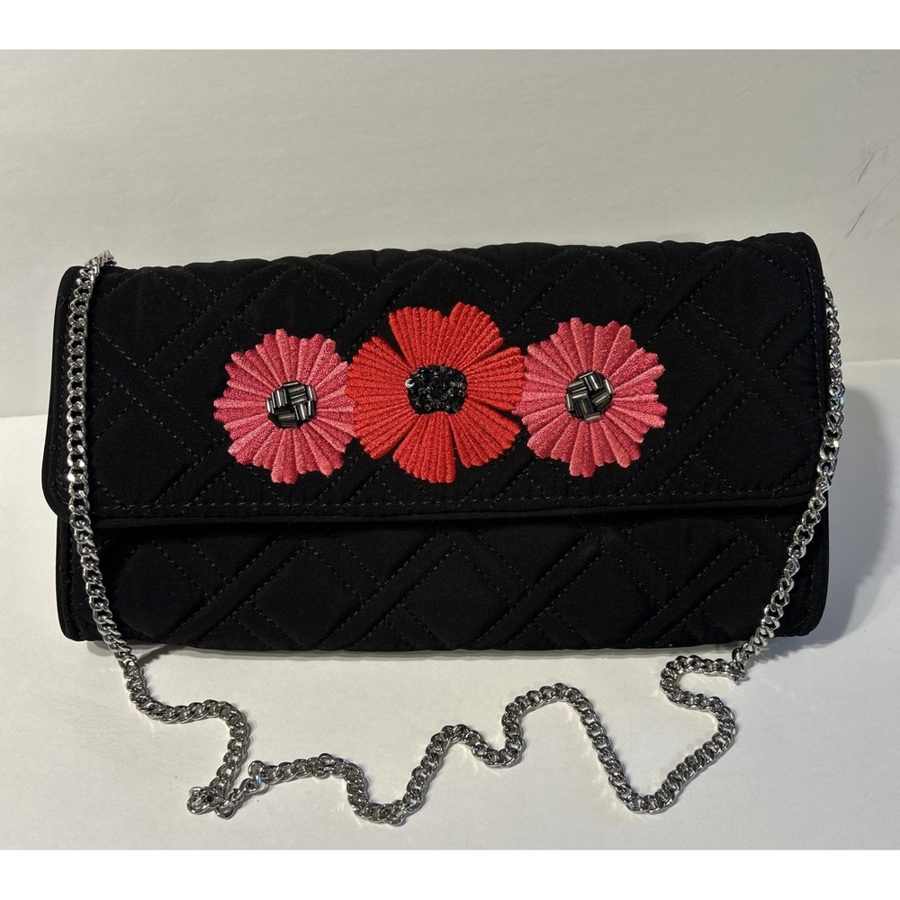 Vera Bradley Celebration Clutch Black Quilted Red Pink Flower Silver Chain Strap